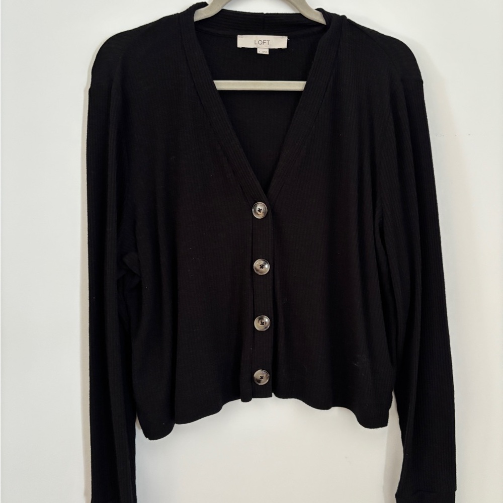 LOFT Black Ribbed Cardigan with Buttons